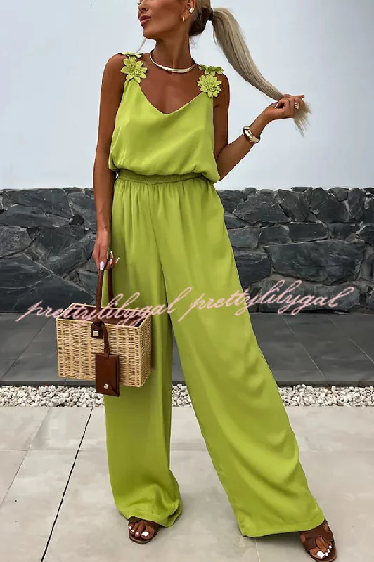 women's glam jumpsuitsSolid Color Embroidered Flower Suspenders Casual Loose Jumpsuit