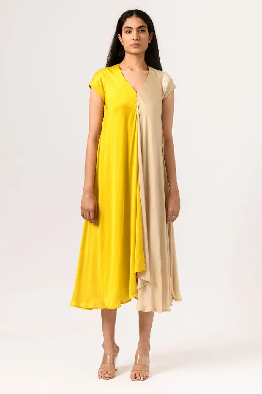 cotton midi dressescotton midi dressesYellow-Ecru Half-n-Half Midi Dress