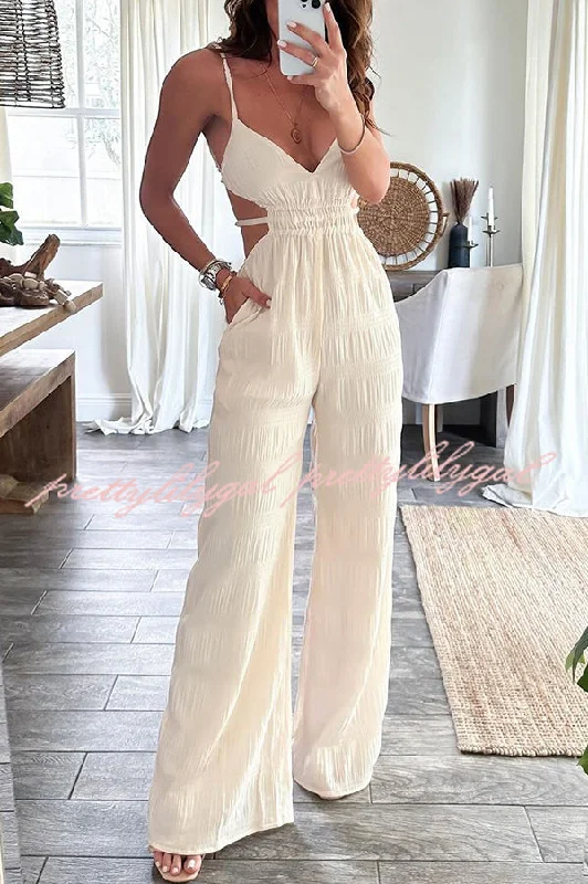 women's jumpsuits with metallic finishesSummer Vacay Style Crinkle Fabric Cut Out Elastic Waist Pocket Backless Jumpsuit