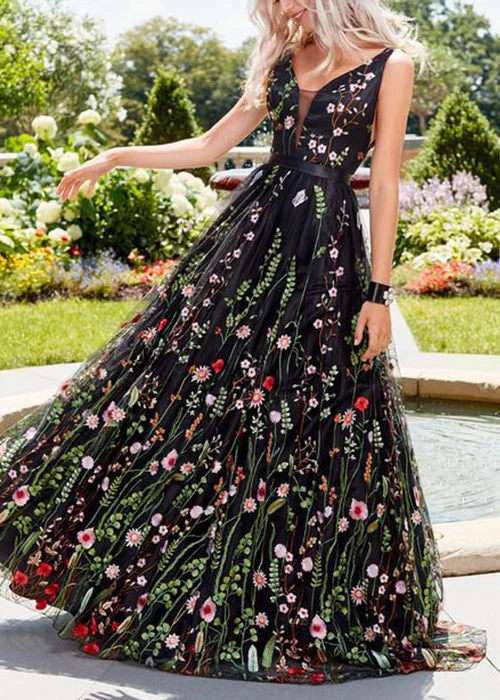 solid color maxi dressesNovelty Black Embroidered Backless Tulle Maxi Dresses Sleeveless