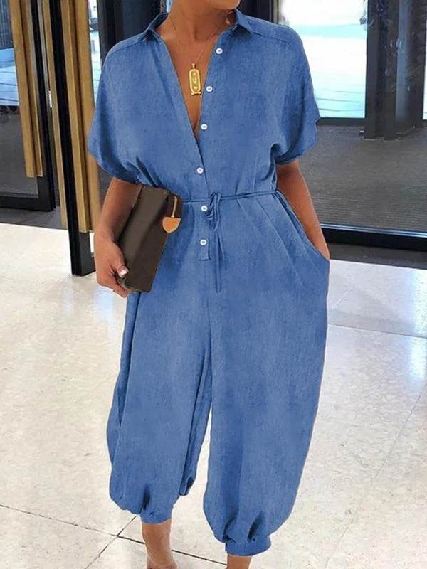 women's jumpsuits with spaghetti strapsMotionkiller Button-Front Belted Denim Jumpsuit