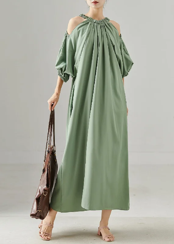 casual maxi dressesGreen Grey Loose Cotton Maxi Dresses Cold Shoulder Spring