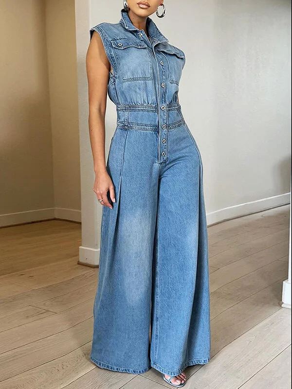 women's jumpsuits with metallic finishesMotionkiller Button-Front Denim Jumpsuit