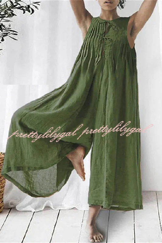 women's ankle-length jumpsuitsSalma Linen Blend Sleeveless Cutout Ruched Detail Wide Leg Jumpsuit