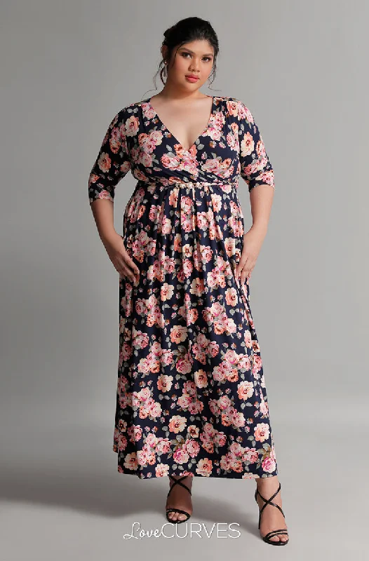 maxi dresses with mermaid silhouettesPleated Wrap Maxi Dress with Charm Belt - Navy Bouquet