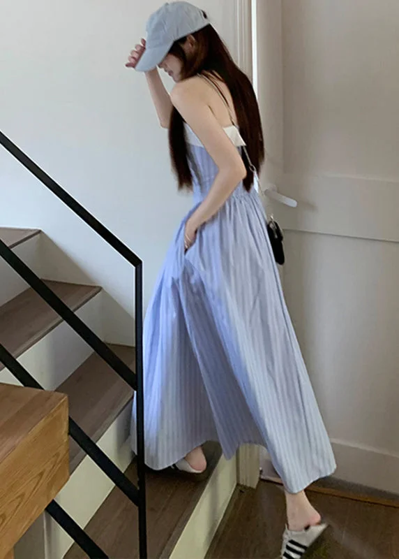 maxi dresses with long sleevesModern Blue Slash Neck Striped Patchwork Maxi Spaghetti Strap Dresses Sleeveless