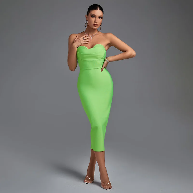 midi dresses with lace detailsmidi dresses with lace detailsGreen Strapless Sleeveless Plain Midi Bandage Dress HL8609