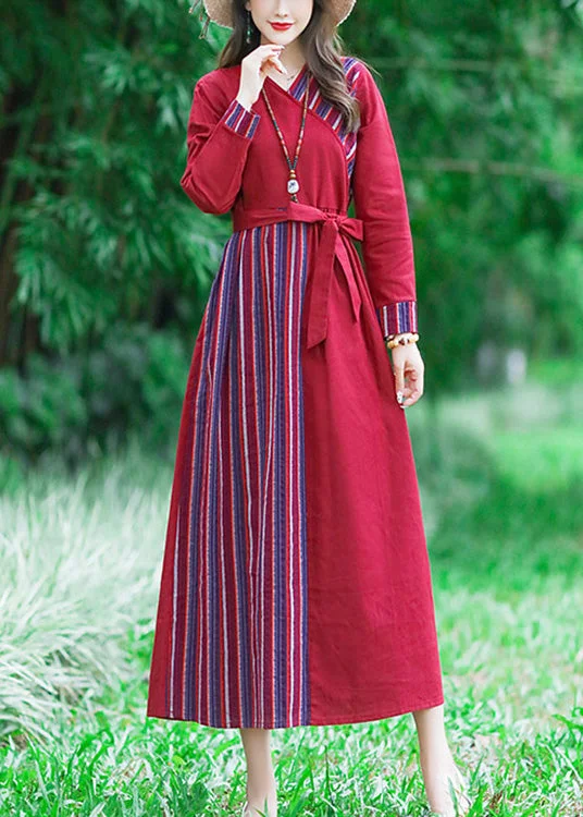 maxi dresses for everyday wearRed Tie Waist Tunic Linen Maxi Dress Long Sleeve