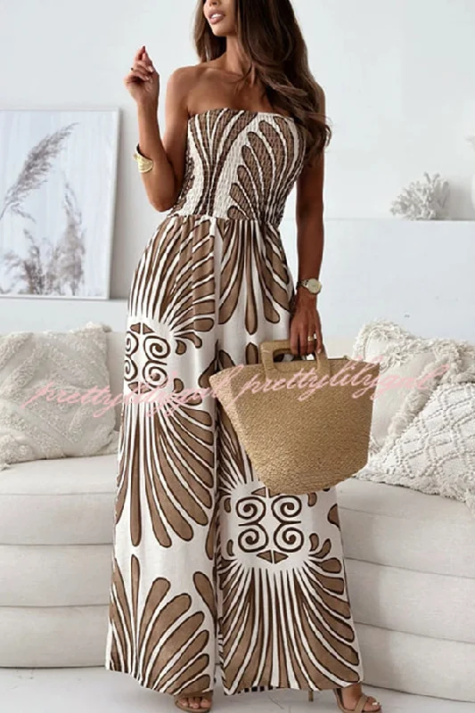 women's jumpsuits made of laceUnique Printed Off-shoulder Pleated Casual Wide-leg Jumpsuit