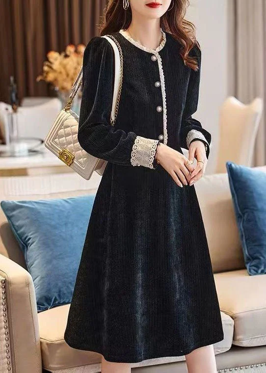 maxi dresses with cinched waistsArt Black O-Neck Lace Patchwork Thick Corduroy Maxi Dresses Spring