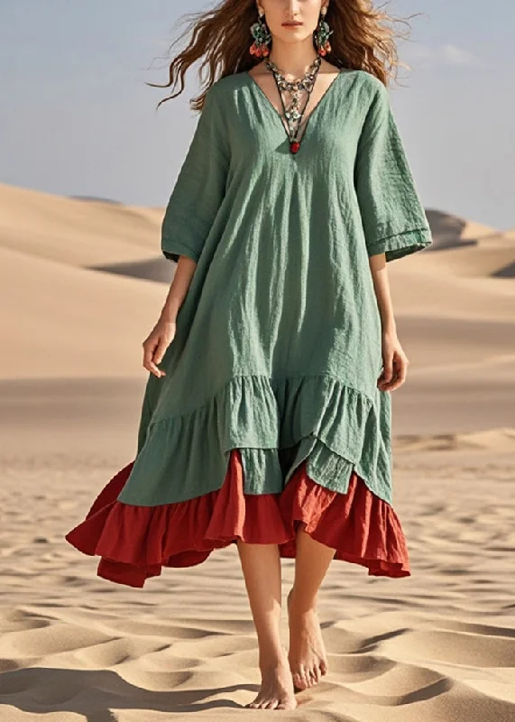 maxi dresses with beltsLoose Green Oversized Patchwork Cotton Maxi Dress Summer