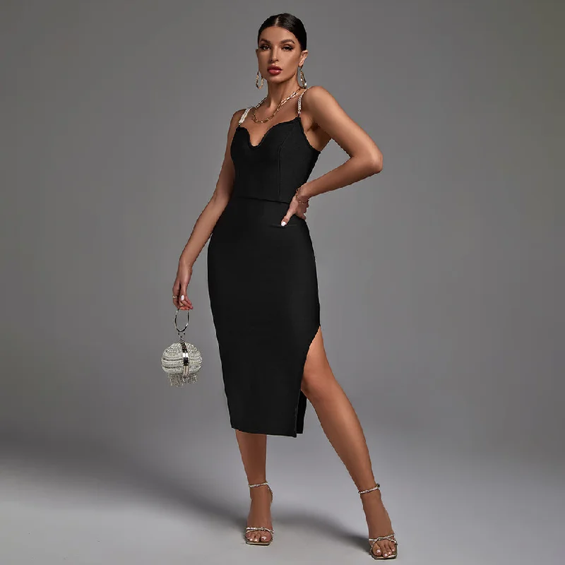 comfortable midi dressescomfortable midi dressesBlack Strappy Sleeveless Bubble Beads Midi Bandage Dress PF21121606