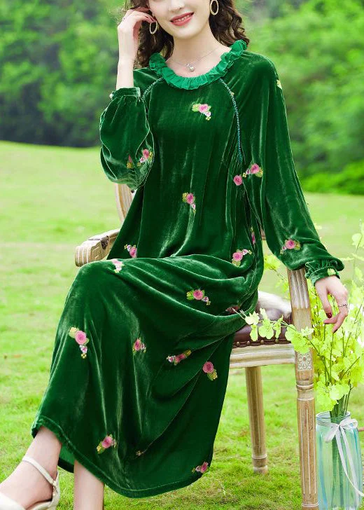 maxi dresses with beltsChic Green Ruffled Embroideried Floral Silk Velour Maxi Dresses Spring