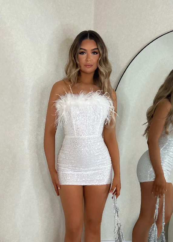 classic Mimi dresses 2023classic Mimi dresses 2023Wasting Angels Feather Trim Glitter Mini Dress - White