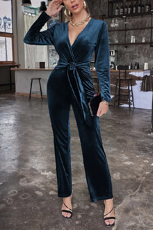 women's jumpsuits with bell sleevesSolid Color Velvet Deep V Belt Slim Jumpsuit