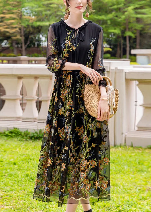 maxi dresses with spaghetti strapsStylish Black Embroideried Hollow Out Silk Maxi Dresses Summer