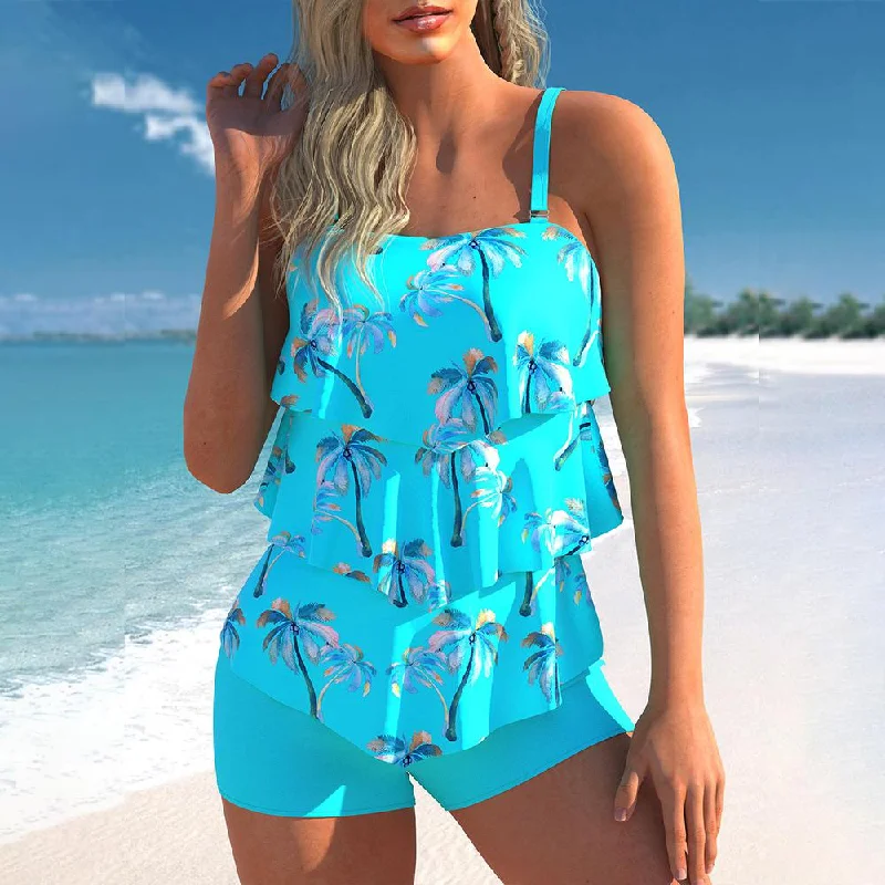 women's reversible shortsTurquoise Printed Ruffled Tankini Shorts Swimwear Set