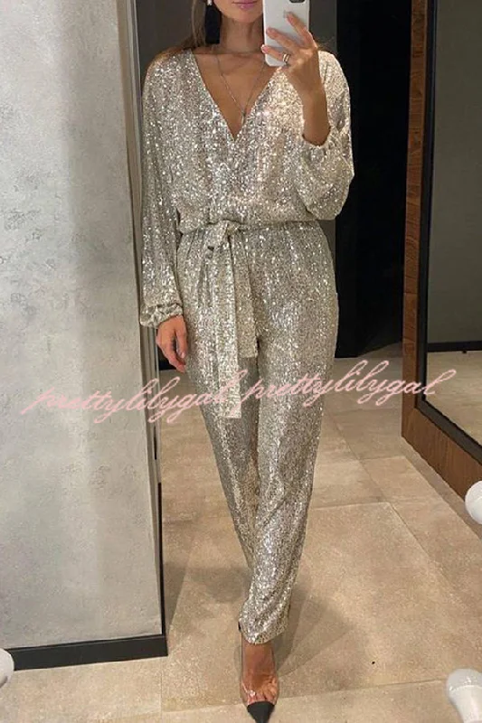 women's jumpsuits with spaghetti strapsCheers To You Sequin Long Sleeve Belted Wrap Loose Jumpsuit