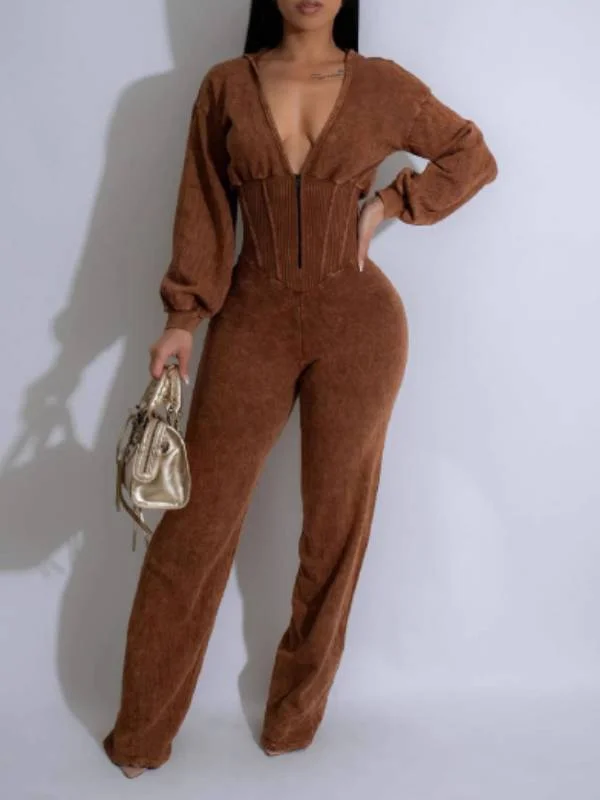 women's high-slit jumpsuitsV-Neck Zip-Front Hoodie Jumpsuit