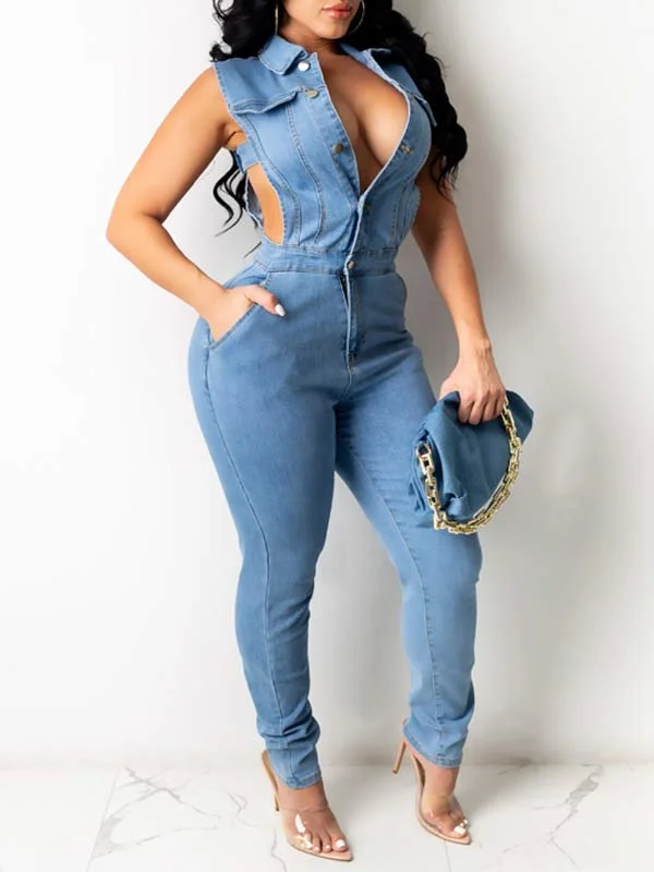 women's boho jumpsuitsMotionkiller Button-Front Sleeveless Denim Jumpsuit