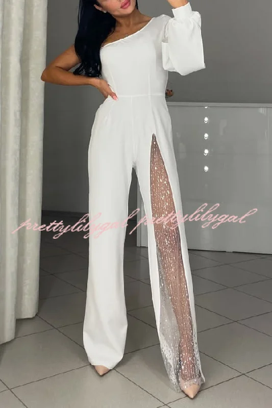 women's jumpsuits with halter necksFashionable Oblique Shoulder One-sleeve Sexy High Slit Slim Jumpsuit