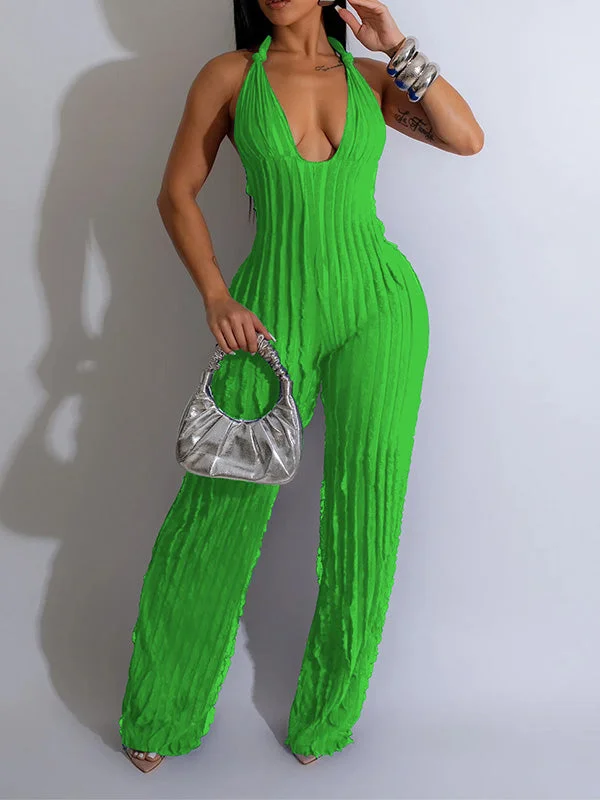 women's jumpsuits with V-necksMotionkiller Solid Halter Frilled Jumpsuit