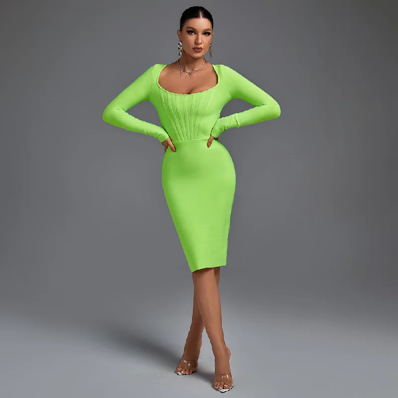 midi bodycon dressesmidi bodycon dressesSquare Collar Long Sleeve Striped Midi Bandage Dress PF21705