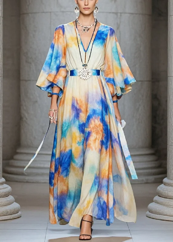 maxi dresses with flutter sleevesPlus Size Cinched Tie Dye Chiffon Maxi Dresses Flare Sleeve