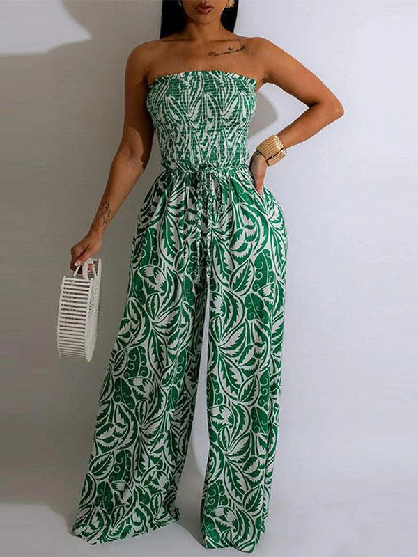 women's jumpsuits with bell sleevesPrinted Strapless Jumpsuit