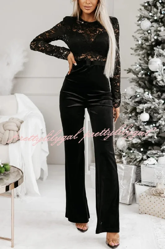 women's jumpsuits with flutter sleevesSonya Lace Velvet Patchwork Long Sleeve Belted Flare Stretch Jumpsuit