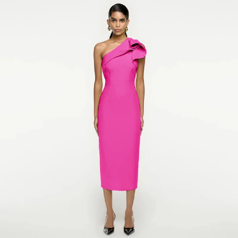 waist-cinching midi dresseswaist-cinching midi dressesOne Shoulder Sleeveless Ruffle Midi Bandage Dress OW23319