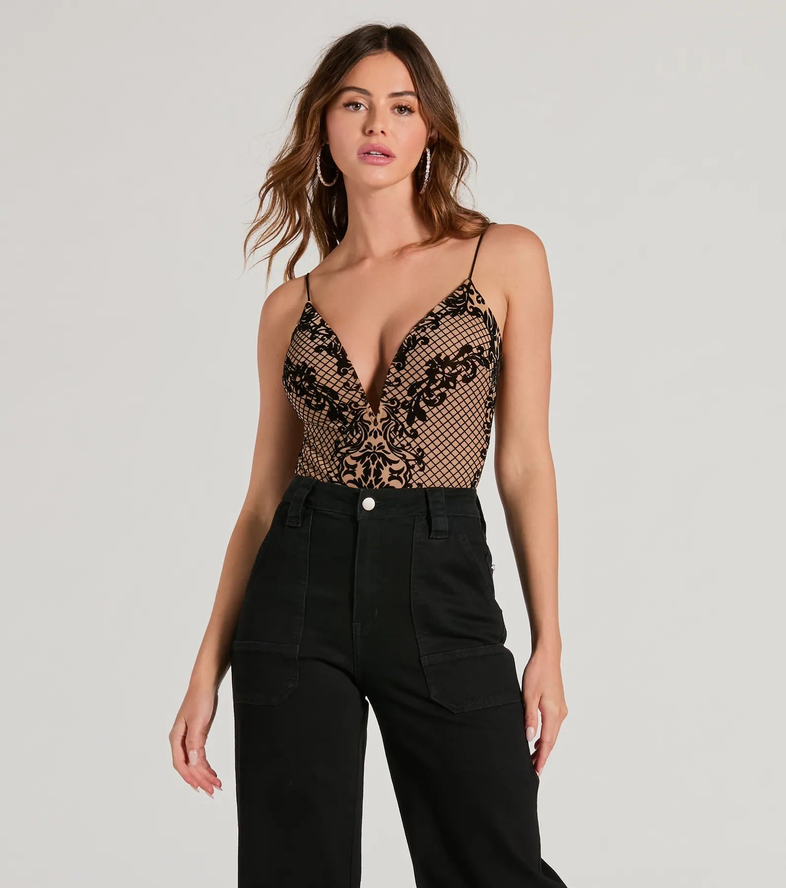 Date Night Muse Plunge V-Neck Velvet Burnout Bodysuit