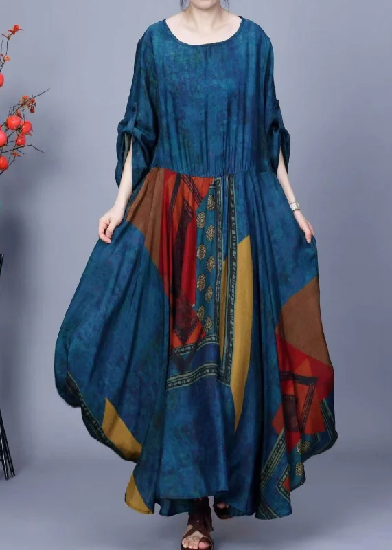 maxi dresses with flutter sleevesFrench Blue O Neck Print Patchwork Silk Maxi Dresses Spring