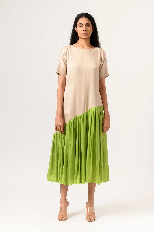 midi dresses with keyhole backsmidi dresses with keyhole backsEcru-Green Gathered Midi Dress