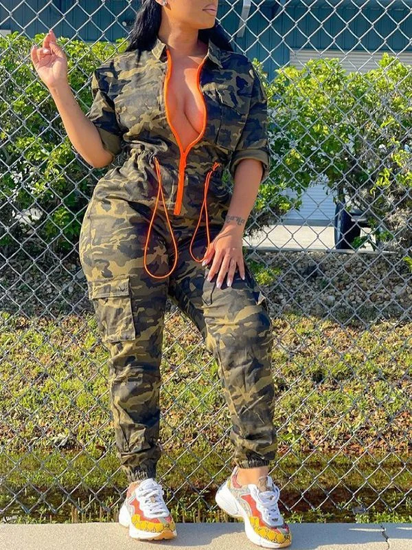 women's jumpsuits with short sleevesMotionkiller Camo Zip-Front Jumpsuit