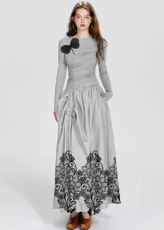 maxi dresses with off-the-shoulder necksFrench Grey Flowers O-Neck Asymmetrical Wrinkled Maxi Dresses Fall