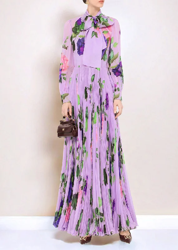 maxi dresses with thigh-high slitsFitted Purple V Neck Print Lace Up Wrinkled Silk Maxi Dresses Spring