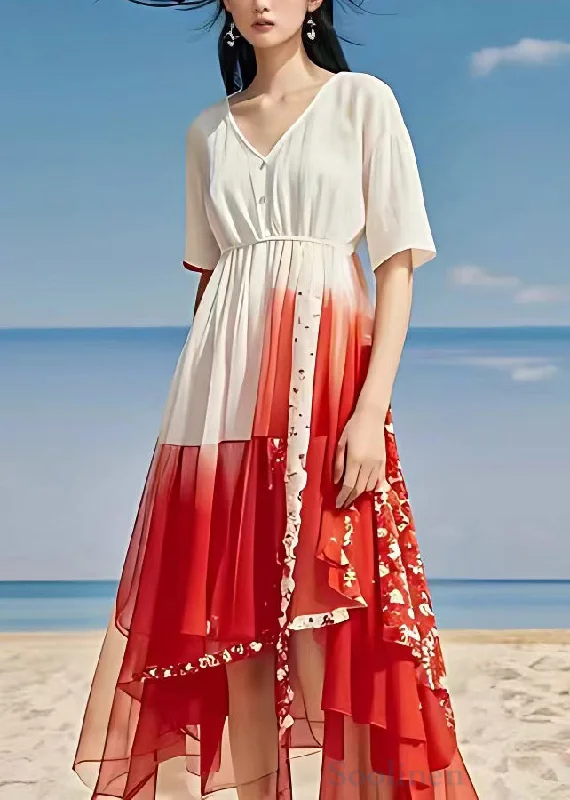 maxi dresses under $50Italian White V Neck Print Patchwork Chiffon Maxi Dress Summer