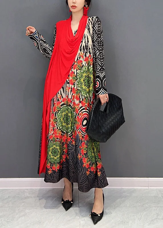 maxi dresses with high slitsBoho Red Asymmetrical Patchwork Print Maxi Dress Spring