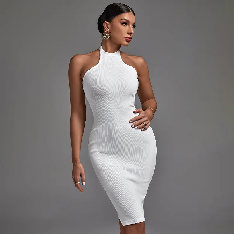 stretchy midi dressesstretchy midi dressesHalter Sleeveless Striped Midi Backless Bandage Dress PF21830