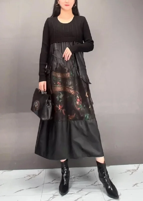 maxi dresses with cap sleevesChic Black Print Patchwork Wrinkled Maxi Dress Spring