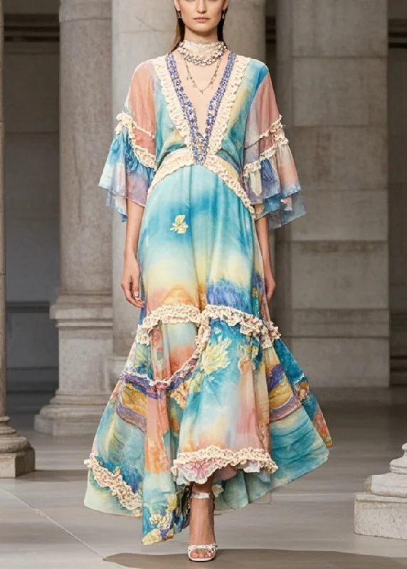 maxi dresses with embroidered patternsBeautiful Rainbow Ruffled Patchwork Chiffon Maxi Dress Summer