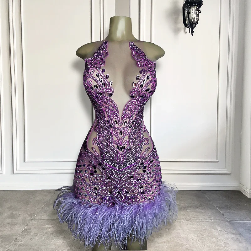 women's Mimi dresses with adjustable strapswomen's Mimi dresses with adjustable strapsNew Luxury Sparkly Purple Diamond Women Birthday Party Gowns Feather Mini Short Prom Dresses For Black Girls