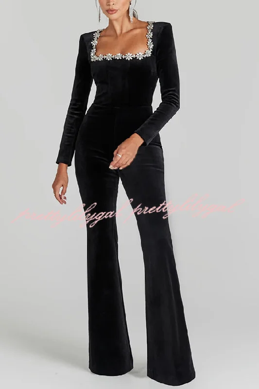 women's jumpsuits with off-the-shoulder sleevesClassic Charm Velvet Jewel Embellished Trim Long Sleeve Flare Jumpsuit