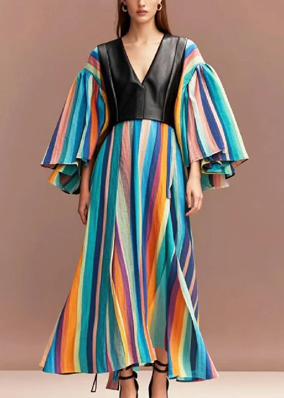 maxi dresses for mother of the brideBoho Rainbow Striped Patchwork PU Cotton Maxi Dresses Flare Sleeve