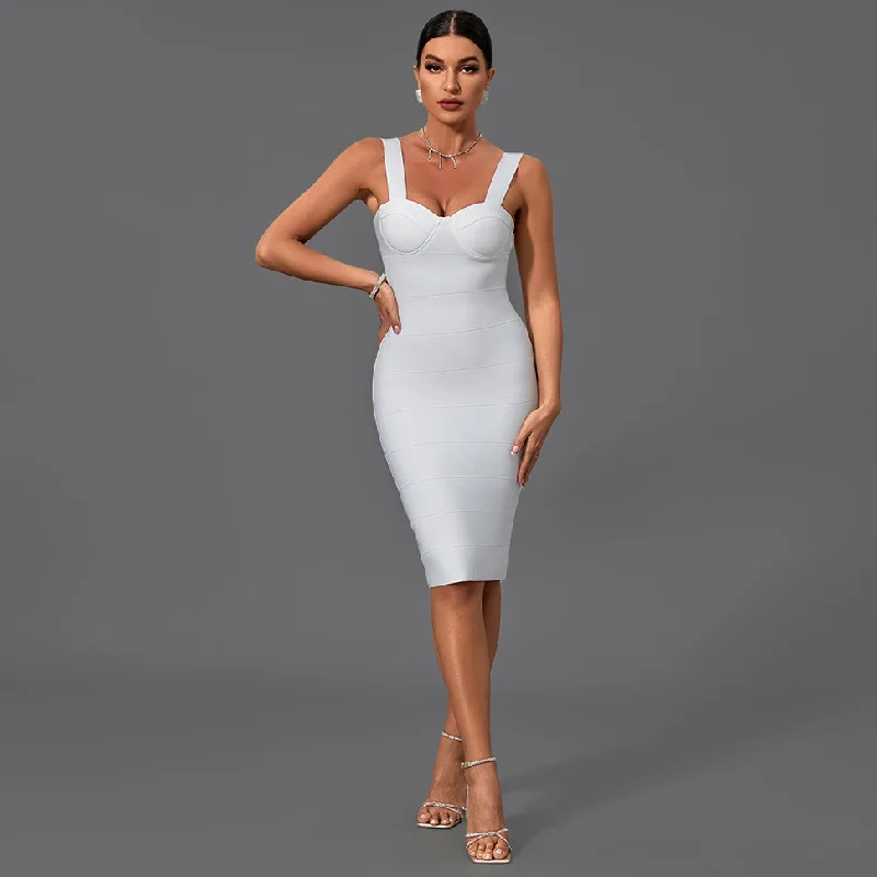 midi dresses without sleevesmidi dresses without sleevesWhite Strappy Sleeveless Striped Midi Bandage Dress PM21501