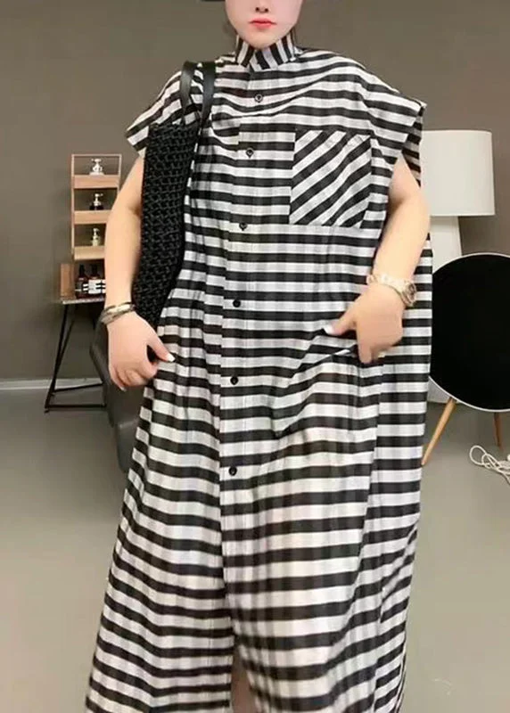 maxi dresses for garden partiesCasual Black Striped Stand Collar Button Maxi Dress Short Sleeve