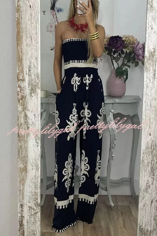 women's jumpsuits with floral printsLarsen Ethnic Print Off Shooulder Smocked Bust Pocketed Jumpsuit