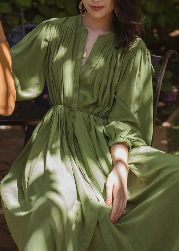 maxi dresses with off-the-shoulder necksFashio Green O-Neck Cinched Wrinkled Solid Chiffon Maxi Dress Spring