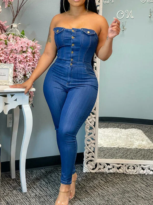 women's jumpsuits made of velvetMotionkiller Button-Front Strapless Denim Jumpsuit